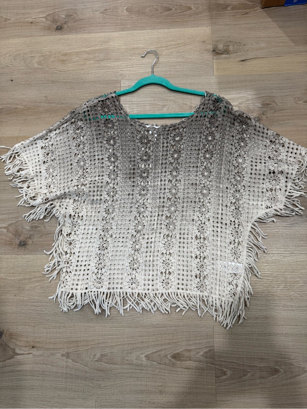 House of Harlow 1960 Cream to Gray Crochet Fringe Crop Top